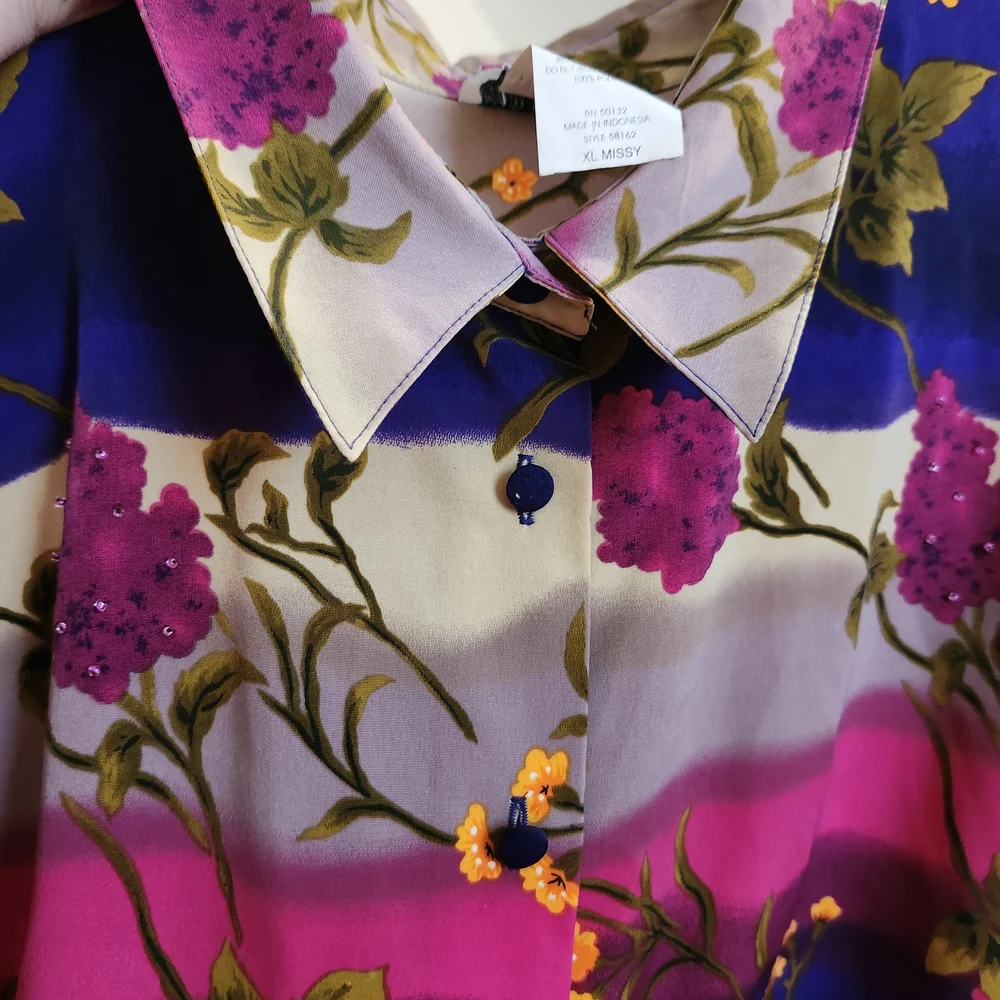 BonWorth Floral Beaded Button-Down Shirt in Purple, Hot Pink, Cream, XL - Picture 3 of 11